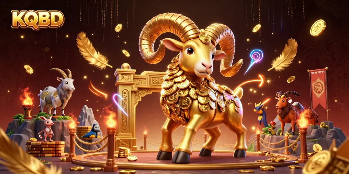 KQBD showcases a golden ram charging through a temple gate amidst dynamic gambling elements, embodying excitement.