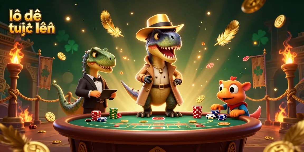 Experience the excitement of lô đề trực tuyến with a dynamic scene of card counting dinosaurs at a casino table.