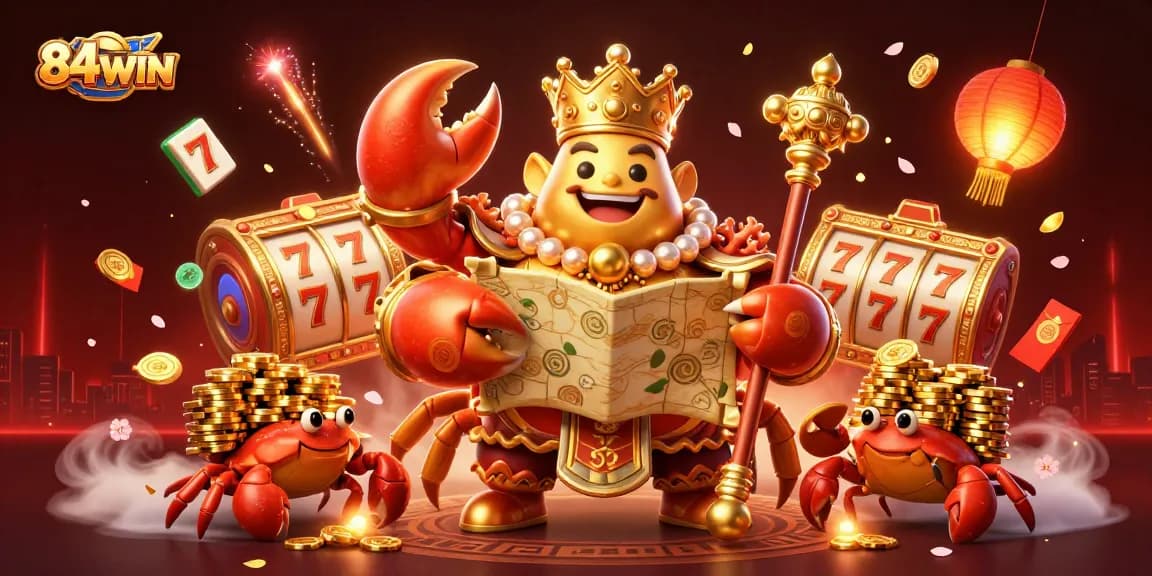 Engage with 84WIN's casino excitement in a vibrant, golden crab emperor scene full of colorful game elements.