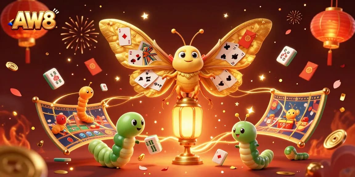 AW8's vibrant casino scene with cartoon moth and golden lanterns celebrating luck.