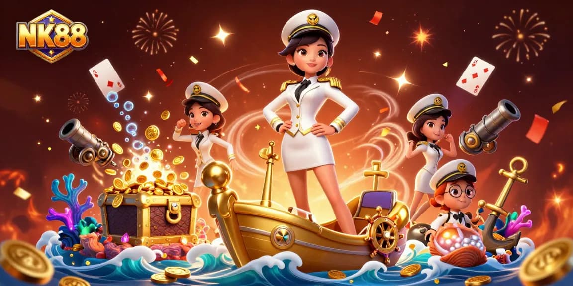 Win big at NK88 with gold coins and vibrant casino elements surrounding a commanding officer.