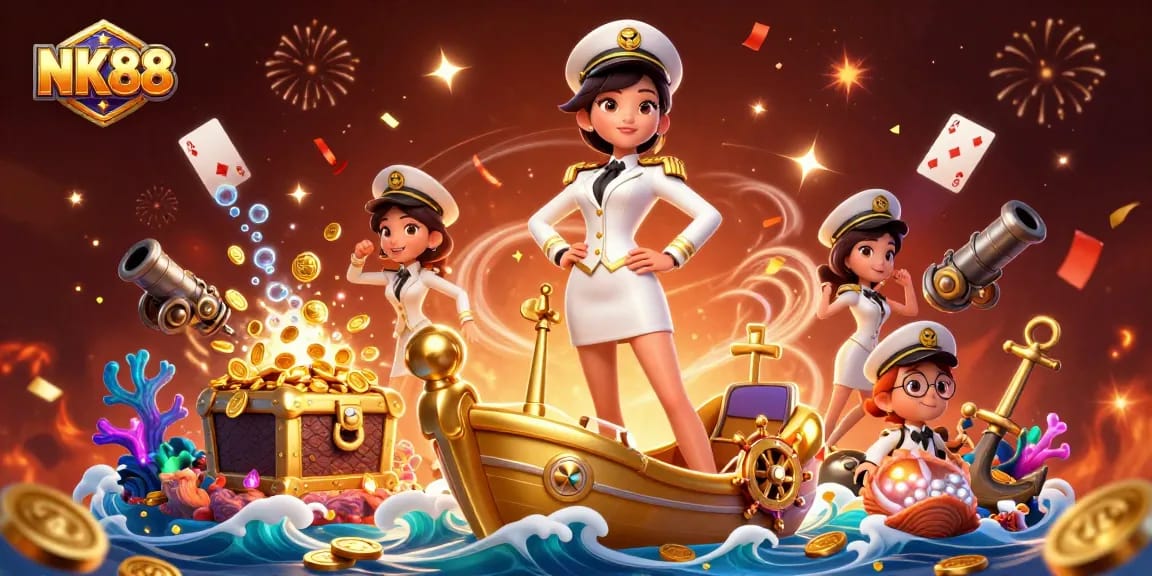 Win big at NK88 with gold coins and vibrant casino elements surrounding a commanding officer.