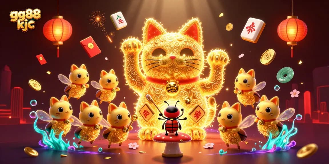 Experience exciting gameplay at gg88 kjc with a vibrant giant lucky cat and dynamic casino symbols.