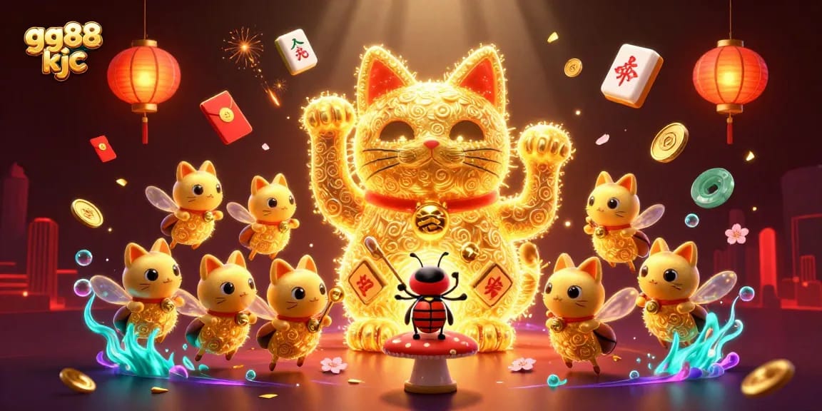 Experience exciting gameplay at gg88 kjc with a vibrant giant lucky cat and dynamic casino symbols.