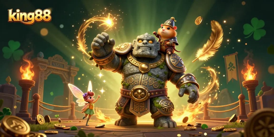 Experience the thrill of king88 gameplay with a dynamic 3D scene featuring a golem, fairy, and hamster knight.