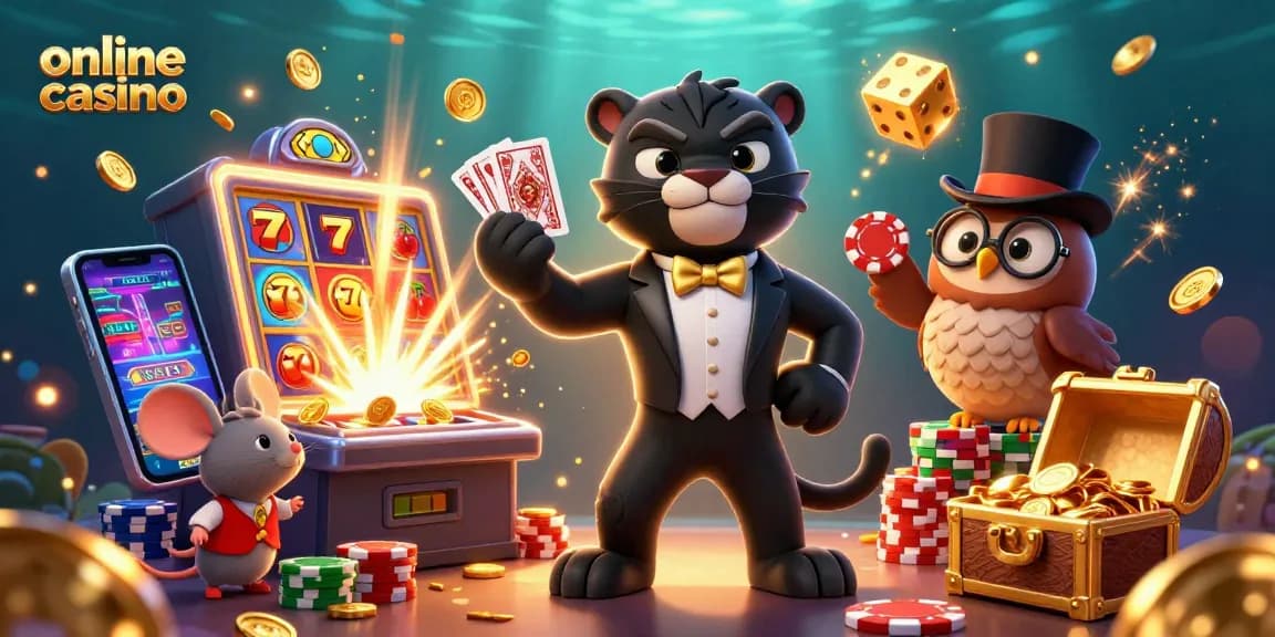 Experience thrilling fun in an online casino with a charming 3D scene of characters and gaming elements.