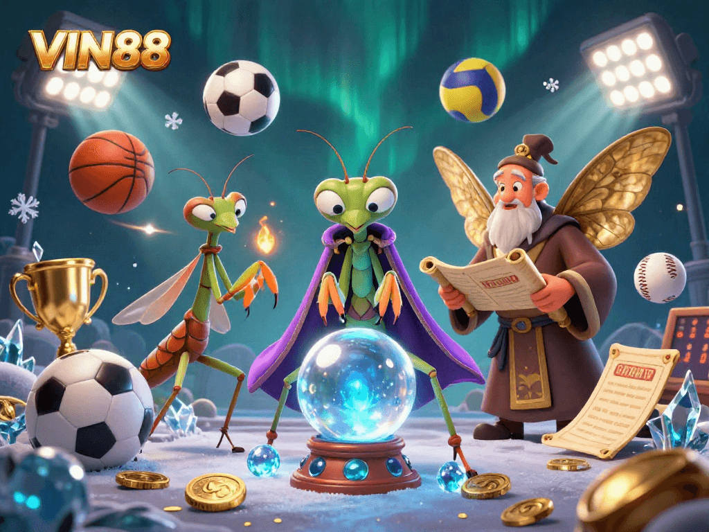Win big at VIN88 with this engaging illustration featuring fortune tellers and dynamic sports elements.