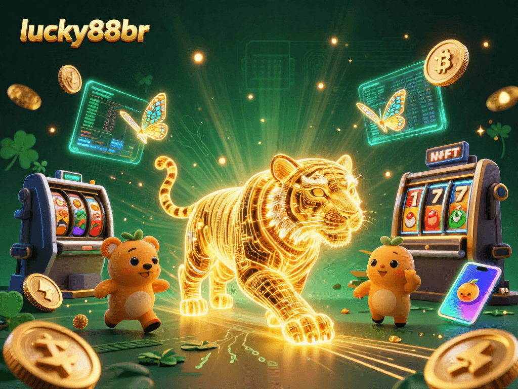 Experience thrilling gameplay with lucky88br in a vibrant digital casino scene filled with Bitcoin and slot reels.