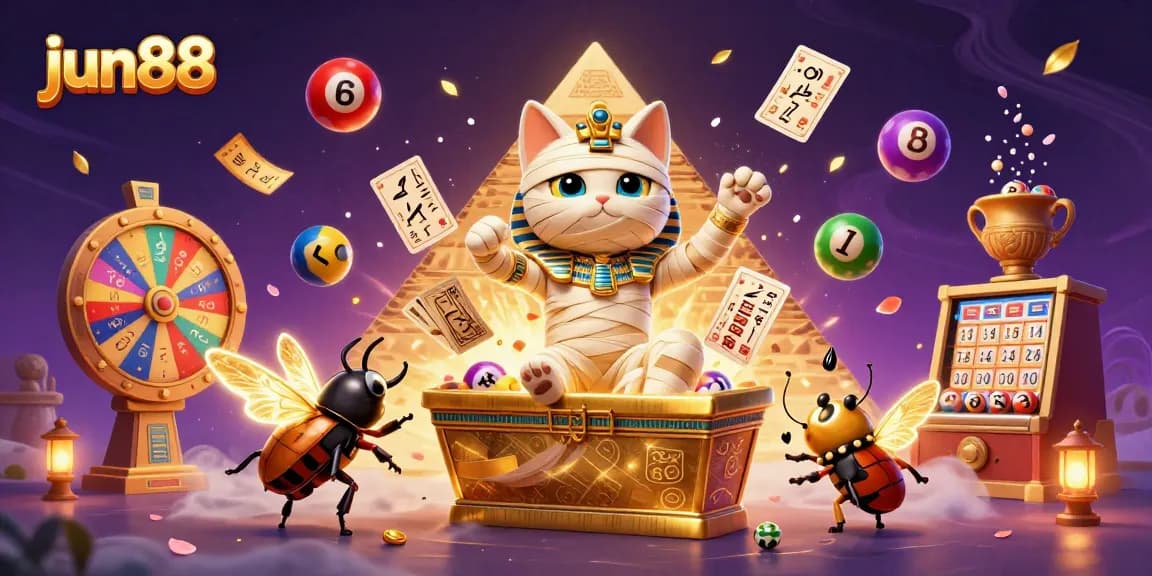 Experience the vibrant world of jun88 with a dynamic scene featuring a mummy cat and casino elements.