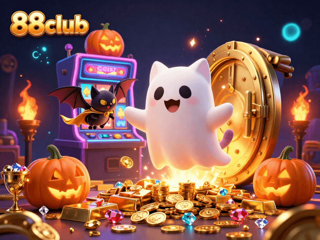 Experience games at 88club with a cartoon ghost cat and glowing poker jack-o-lanterns in a vibrant casino.