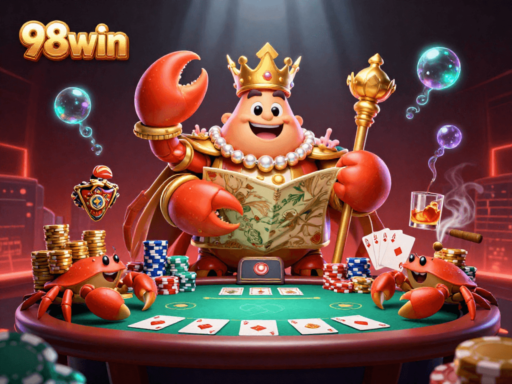 Experience thrilling poker excitement with 98win's vibrant 3D crab illustration.
