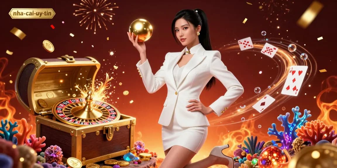 Engage with nha-cai-uy-tin in a vibrant casino scene featuring a stylish dealer holding a roulette ball, surrounded by luxury elements.