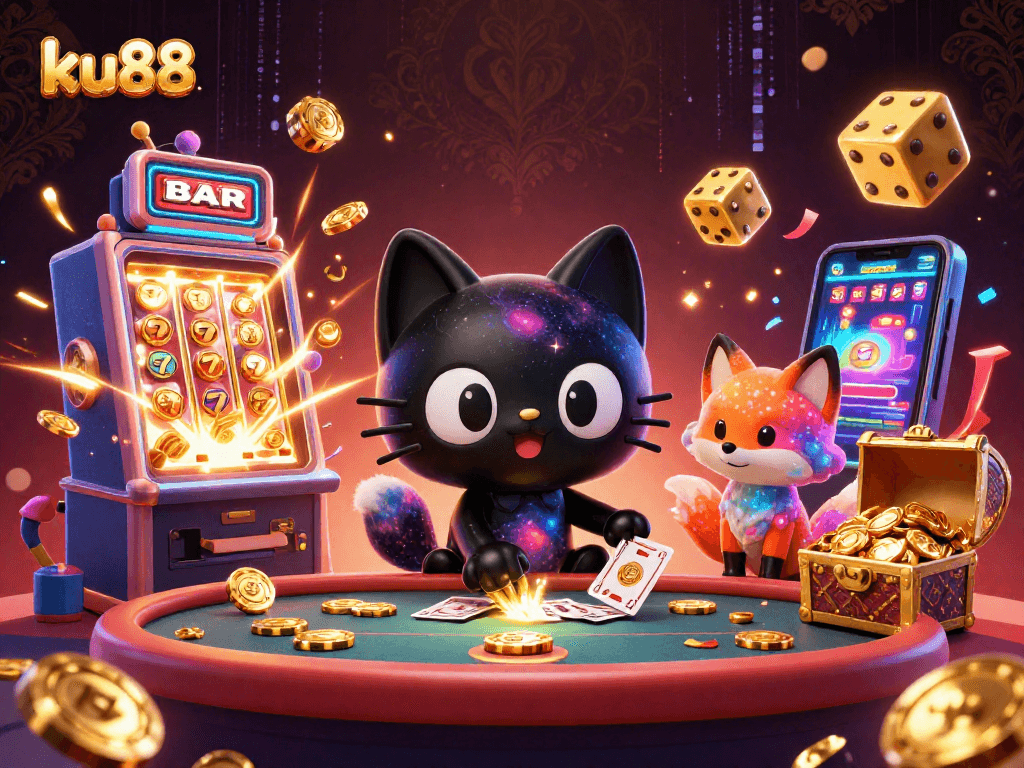 ku88 winner spins coins at a cosmic casino table alongside lucky symbols