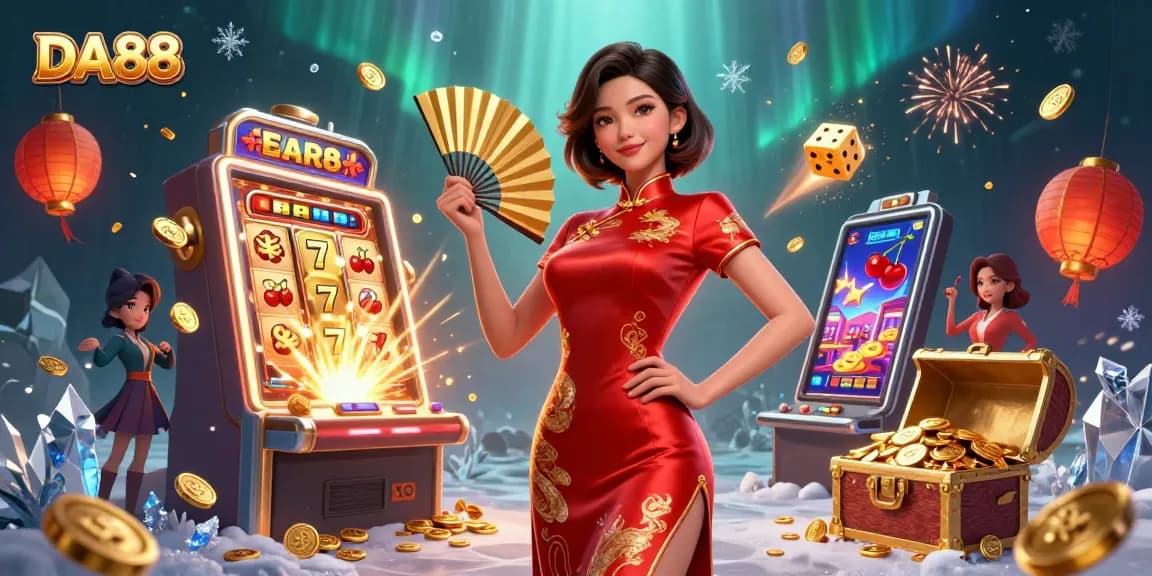 Experience the DA88 jackpot with a spectacular 3D scene of celebration and vibrant casino elements.