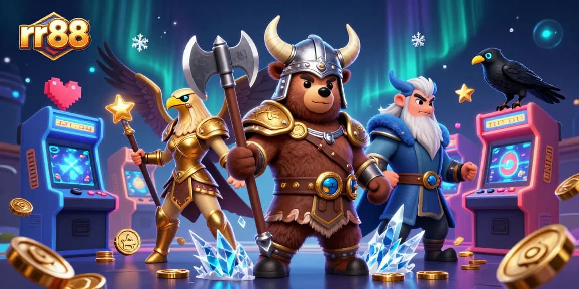 Engage in thrilling gameplay at rr88 featuring a Viking bear and Valkyrie eagle amidst colorful casino elements.