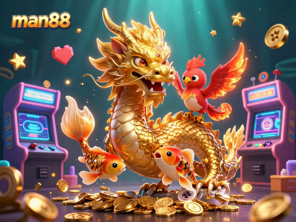 Experience thrilling wins with man88's vibrant casino gaming scene featuring a majestic dragon.