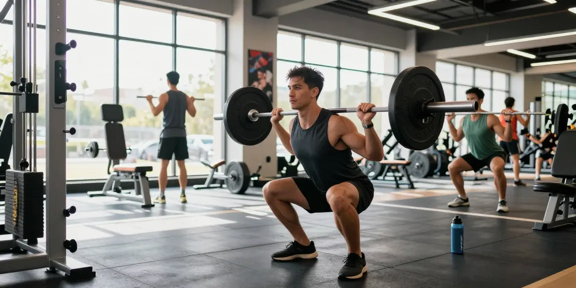 Prime Pharma Steroiden Winkel met energieke bodybuilder die squats uitvoert in een moderne sportschool