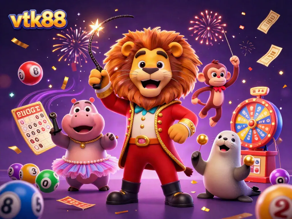 Experience excitement with vtk88 through a festive 3D circus scene showcasing thrilling casino elements.