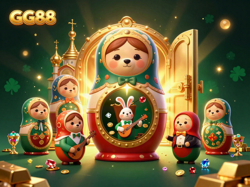 Engage with GG88 at an exciting online casino showcasing vibrant characters and gaming treasures.