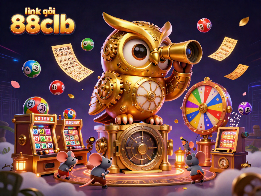 Experience the excitement at 88clb with vibrant lottery elements and a mystical owl overseeing the casino floor.