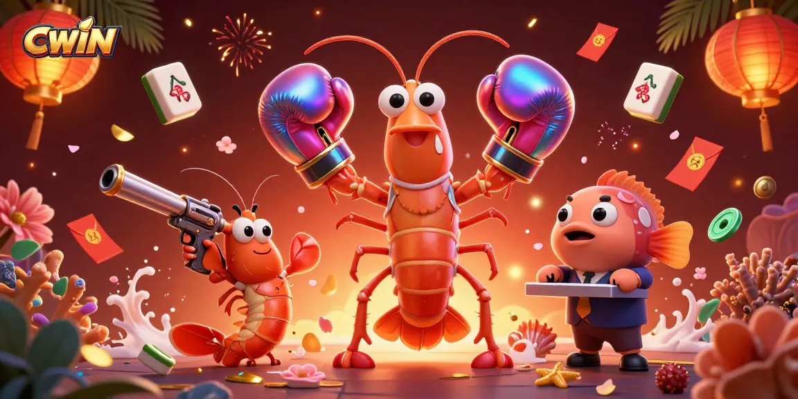 CWIN shows a vibrant 3D scene with a mantis shrimp and casino symbols celebrating winnings.