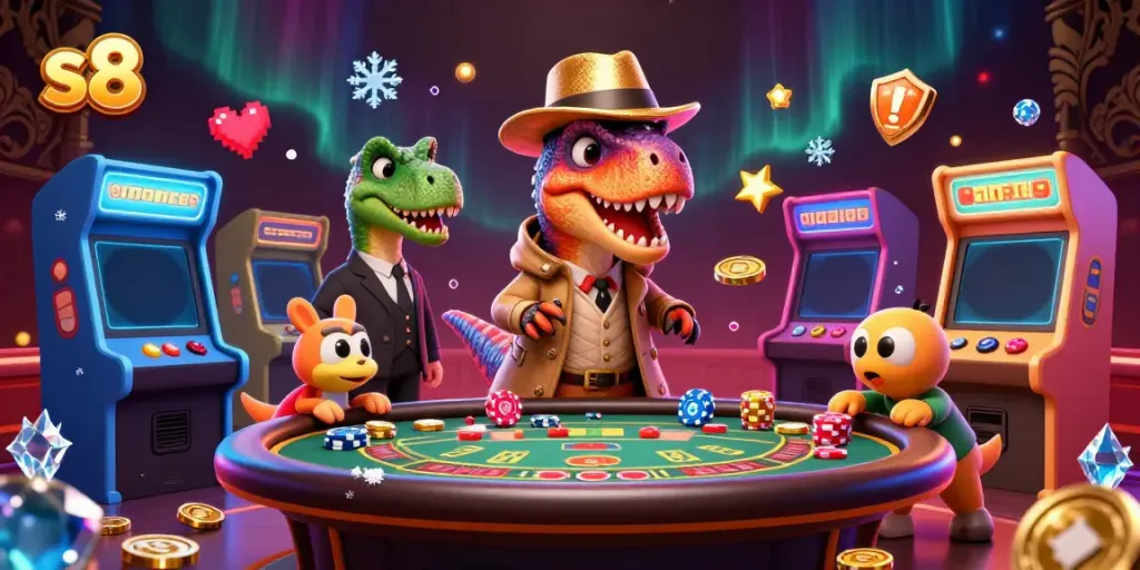 Engage in thrilling blackjack action with the s8 velociraptor card counter amidst vibrant arcade games and dazzling casino lights.