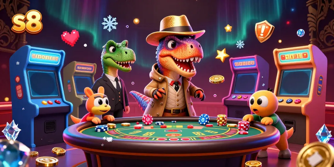 Engage in thrilling blackjack action with the s8 velociraptor card counter amidst vibrant arcade games and dazzling casino lights.