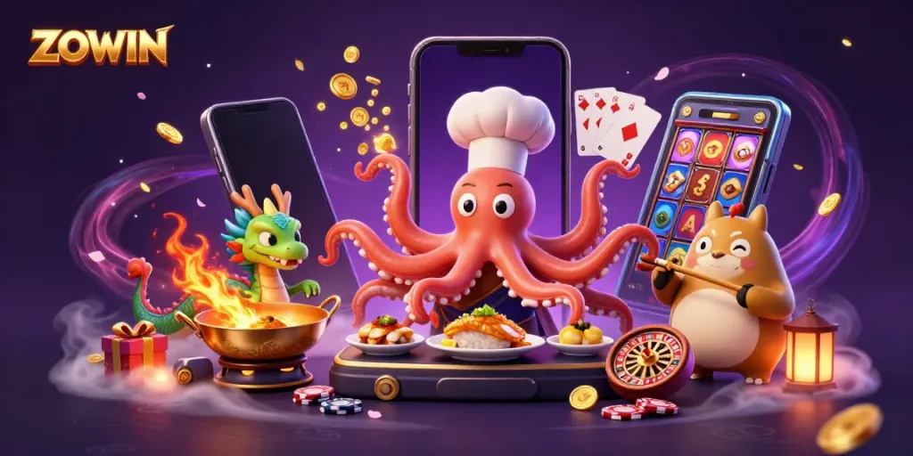 Engage in exhilarating slots with ZOWIN as a sushi chef octopus and dragon create delights
