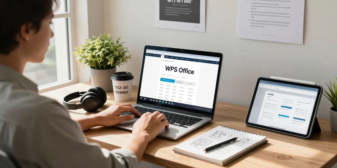 Download WPS Office on a laptop in a modern home office setup, showcasing productivity and creativity.