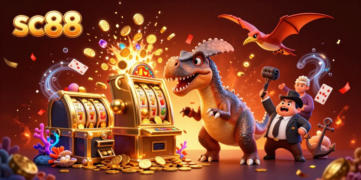 Engaging scene showcasing SC88 with a dinosaur and slot machine, emphasizing thrilling wins in online gaming.