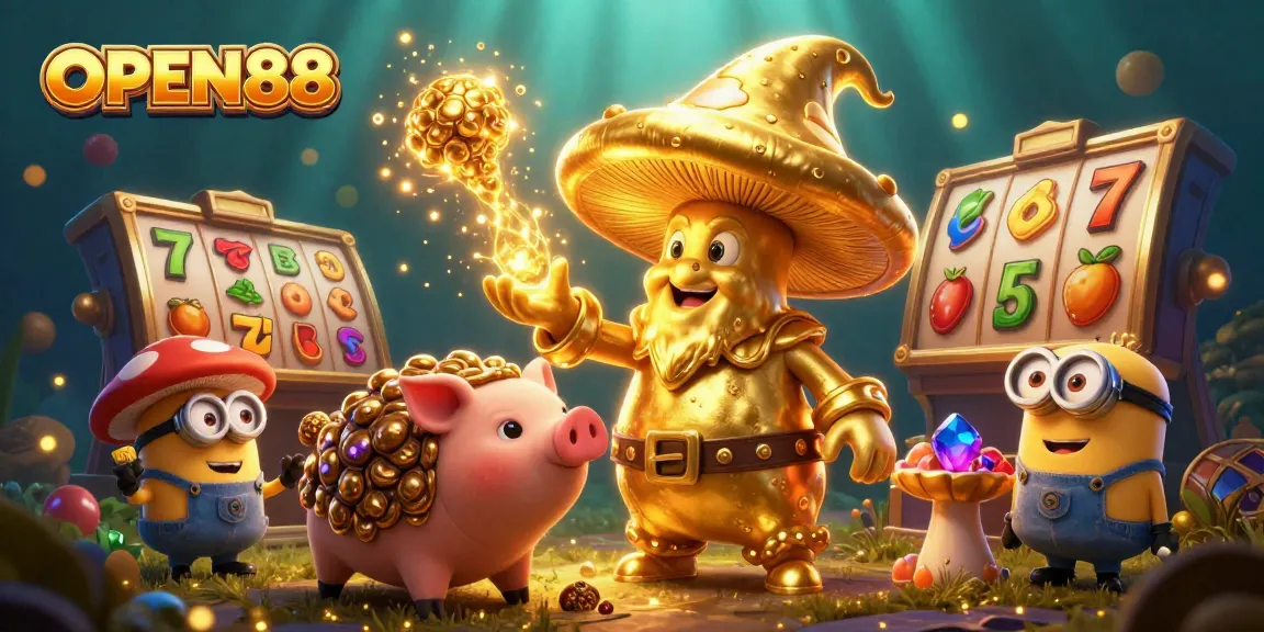 Experience thrilling gameplay at OPEN88 with a vibrant illustration featuring a golden mushroom wizard and treasures.