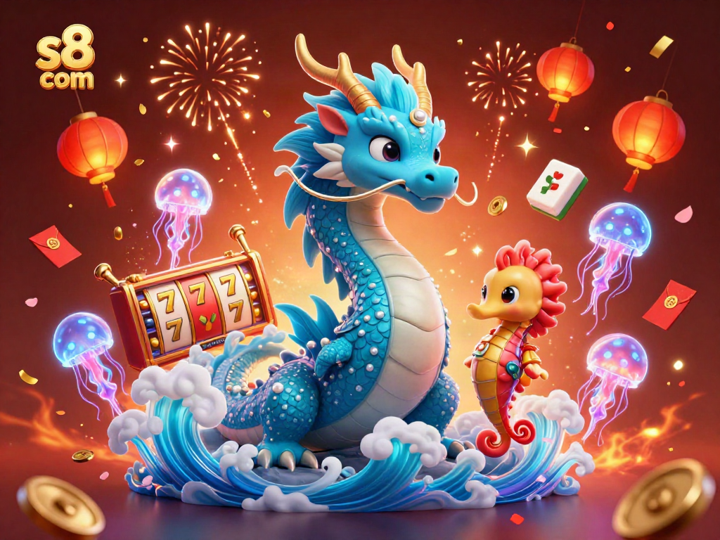 S8 com spins the jackpot with exciting slot reels and festive elements in a vibrant casino scene.