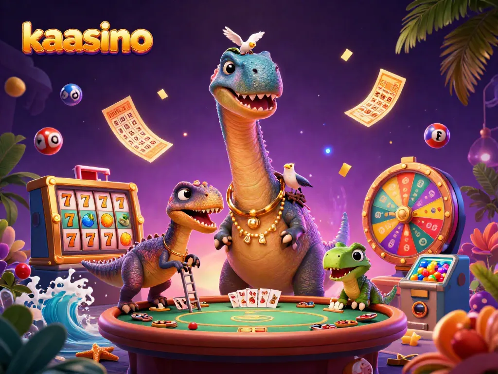 Kaasino showcases a vibrant 3D scene with a brontosaurus, clever raptor, and dynamic casino elements like slot reels and lottery balls.