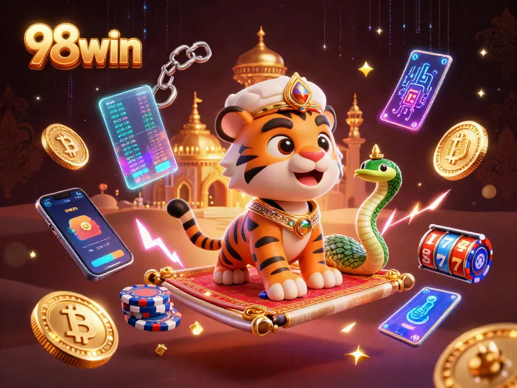 Spin to win big with 98win's vibrant casino illustration highlighting slots and crypto excitement.