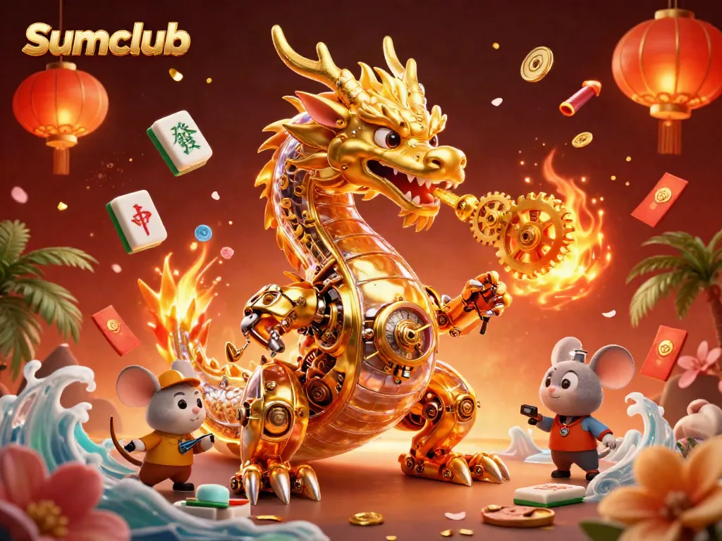 Engage in thrilling gameplay at Sumclub with a 3D golden dragon amid vibrant casino-themed elements.