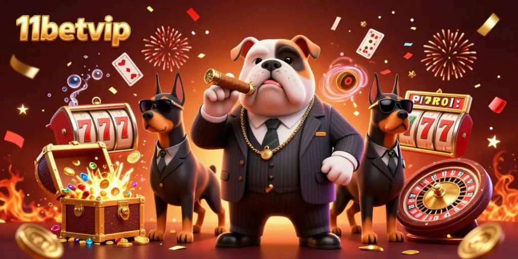Engage in thrilling gaming at 11betvip with dynamic characters, vibrant slot reels, and the dazzling casino atmosphere.