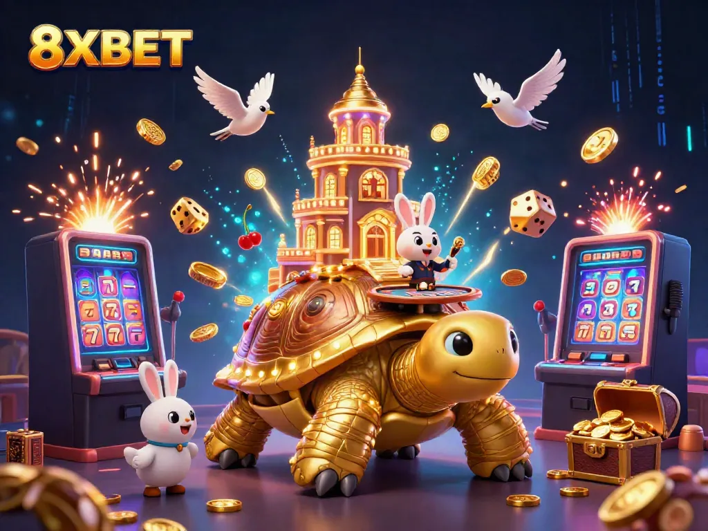 Experience the excitement of 8XBET with a vibrant depiction of gaming elements and characters.
