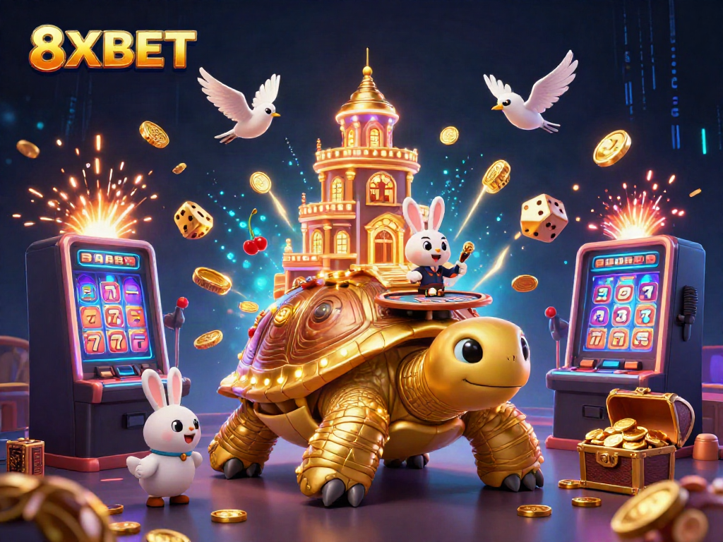 Experience the excitement of 8XBET with a vibrant depiction of gaming elements and characters.