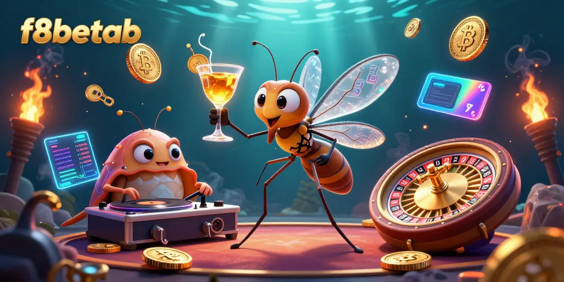 Engage with f8betab's vibrant casino scene featuring unique characters and neon crypto elements.