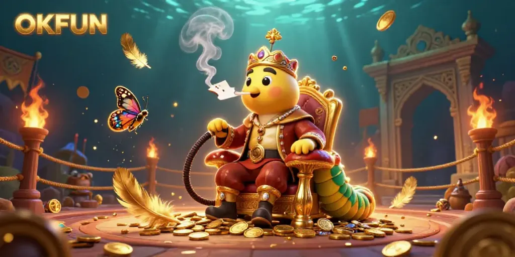 Engage with the OKFUN theme, showcasing a vibrant 3D scene featuring a caterpillar hookah-master amidst swirling casino elements.