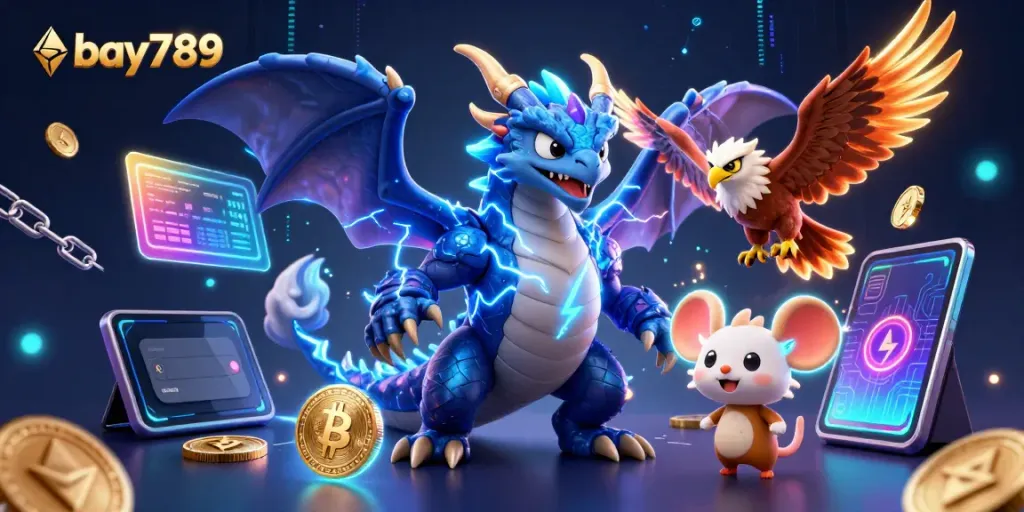 Experience thrilling action at bay789 with vibrant 3D casino characters and crypto elements in a magical scene.