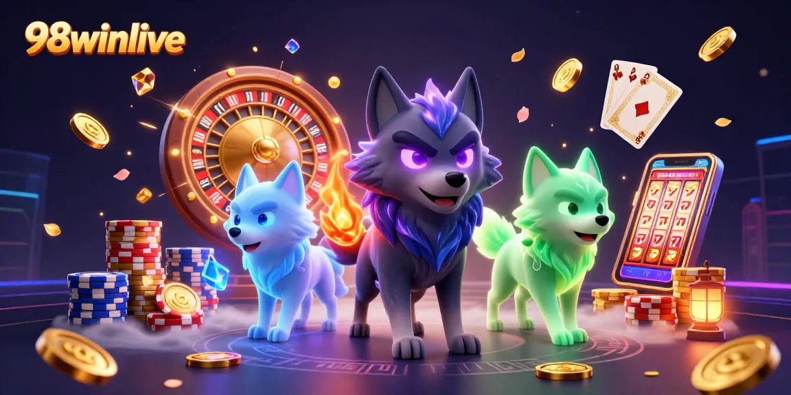 Experience thrilling moments with 98winlive, featuring stunning 3D wolves amidst cascading coins and vibrant casino elements.