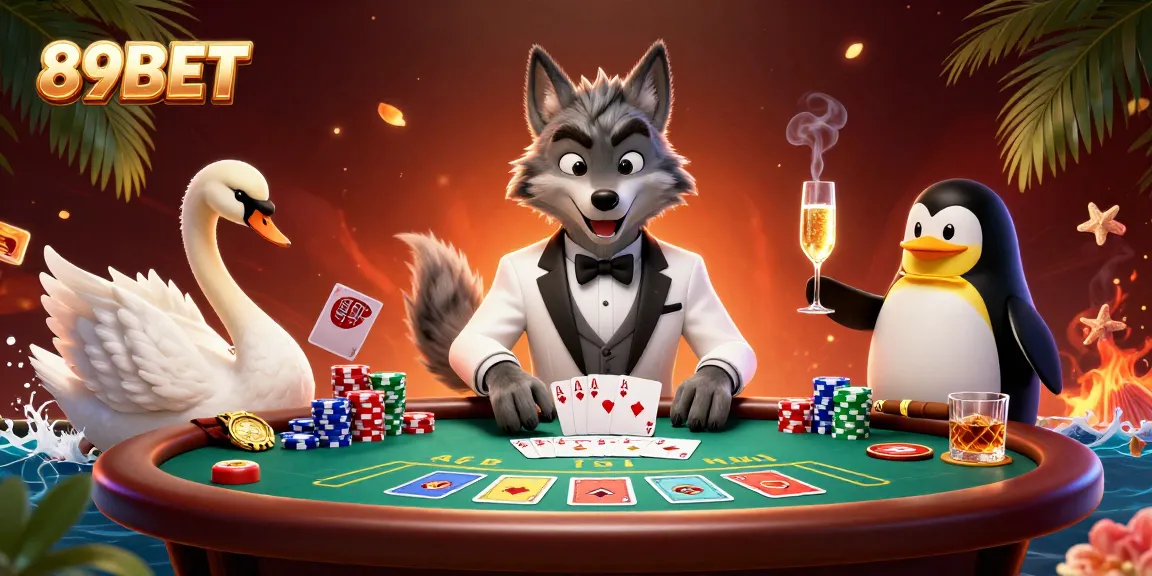 89BET's dynamic baccarat scene featuring a debonair wolf, elegant swan, and sophisticated penguin sommelier presenting luxury and excitement.
