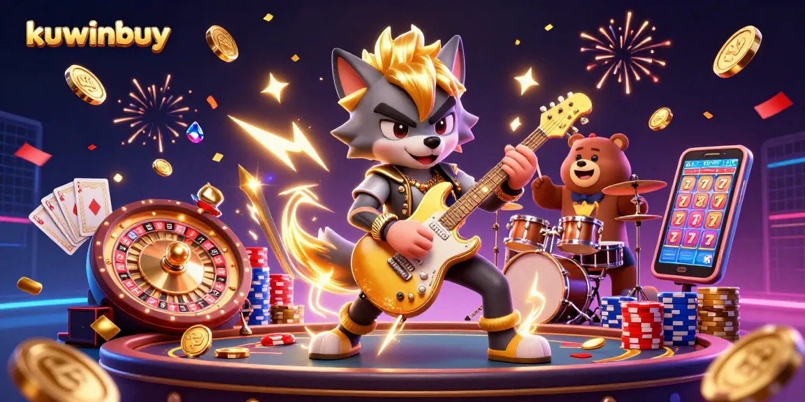 kuwinbuy casino stage featuring a rock star wolf and drummer bear amidst vibrant gambling elements.