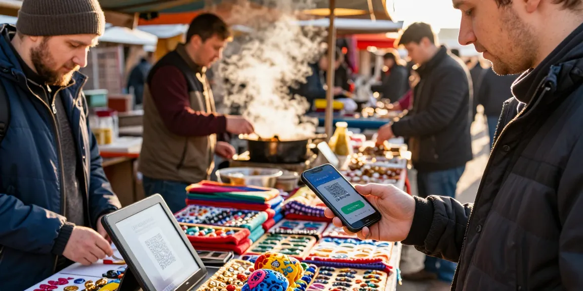 Een persoon die de PayInRussia app gebruikt om een betaling te doen op een markt met kleurrijke lokale producten.