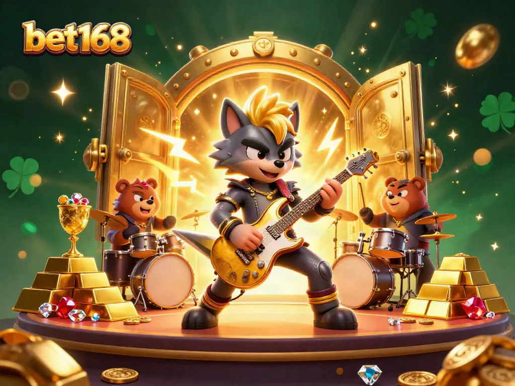 Bet168 shines in this vibrant 3D casino illustration, featuring rock star characters and treasures.