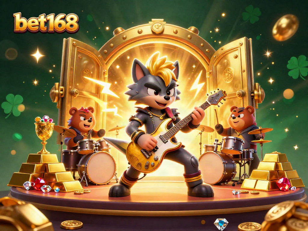 Bet168 shines in this vibrant 3D casino illustration, featuring rock star characters and treasures.