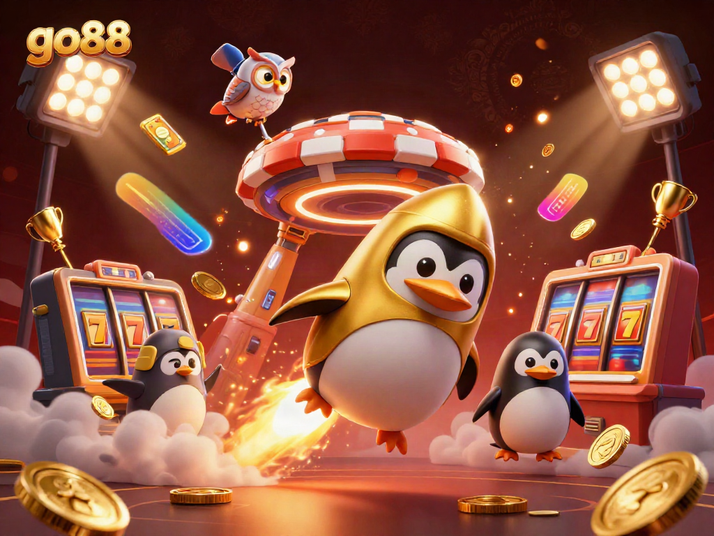 Betting and winning with go88 at a dynamic casino scene featuring a golden penguin and vibrant slot elements.