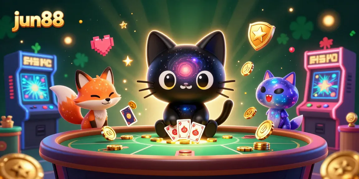 Win big at jun88's cosmic casino featuring a black hole cat and colorful gas cloud fox!