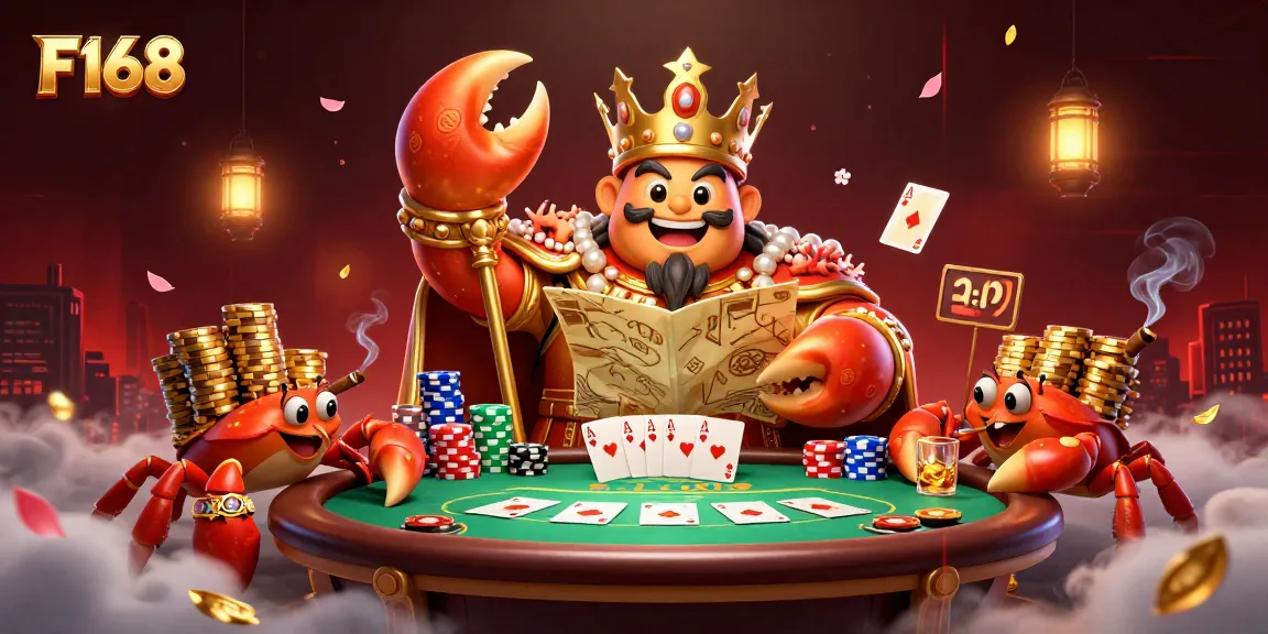 Experience F168's vibrant online casino scene featuring a golden crab emperor amid poker action.